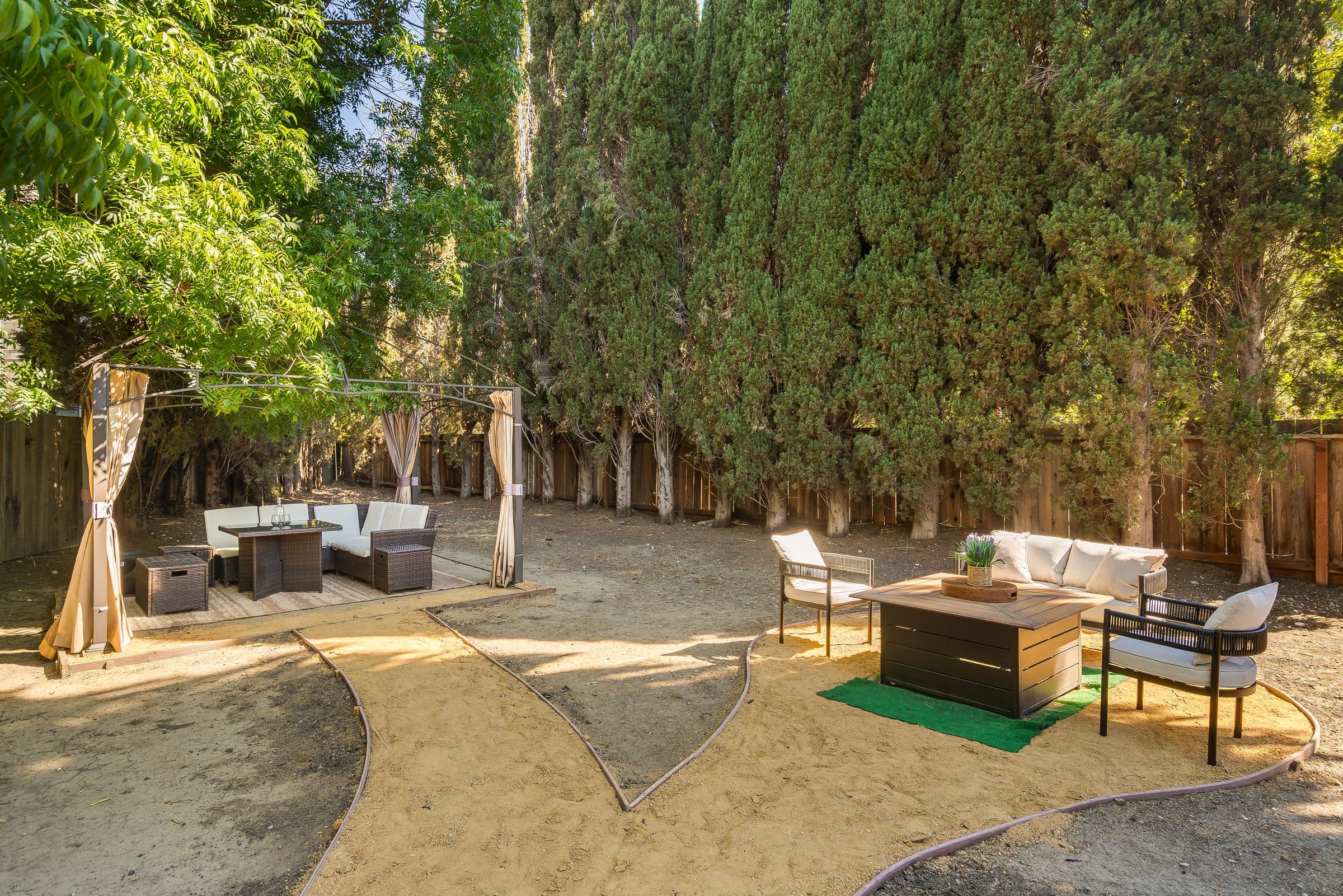 The rear garden at 48 Kingston Place, framed by tall trees.